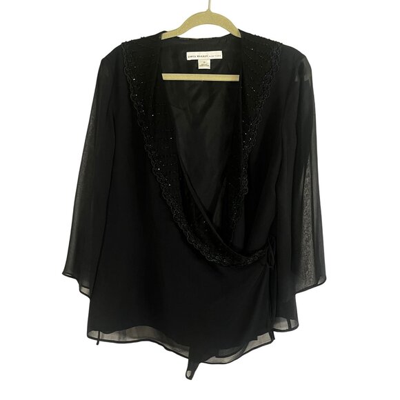 David Warren Tops - Vintage Silk Beaded Sheer Wrap Top Black 14 Cocktail Embroidery Wedding Formal